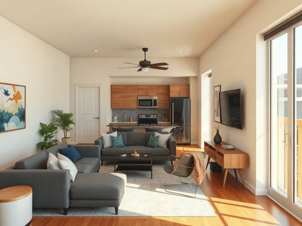 Illustrative, unoccupied student apartment living room with a kitchen visible